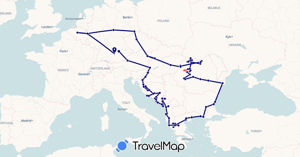 TravelMap itinerary: driving, hiking in Albania, Austria, Bosnia and Herzegovina, Belgium, Bulgaria, Czech Republic, Germany, Greece, Croatia, Hungary, Montenegro, Romania, Slovakia (Europe)